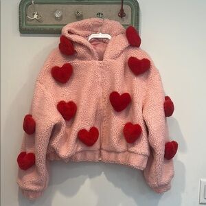 Dolls Kill Pink hooded Sherpa zip up Jacket with Red plushy Heart Accents small